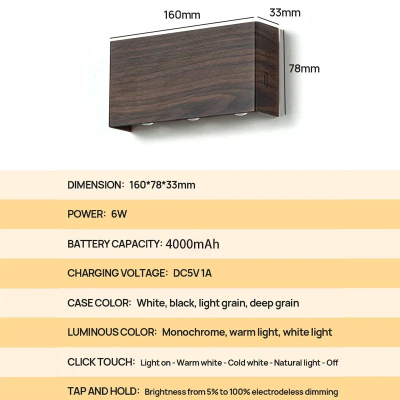 Applique murale rechargeable design minimaliste avec texture bois