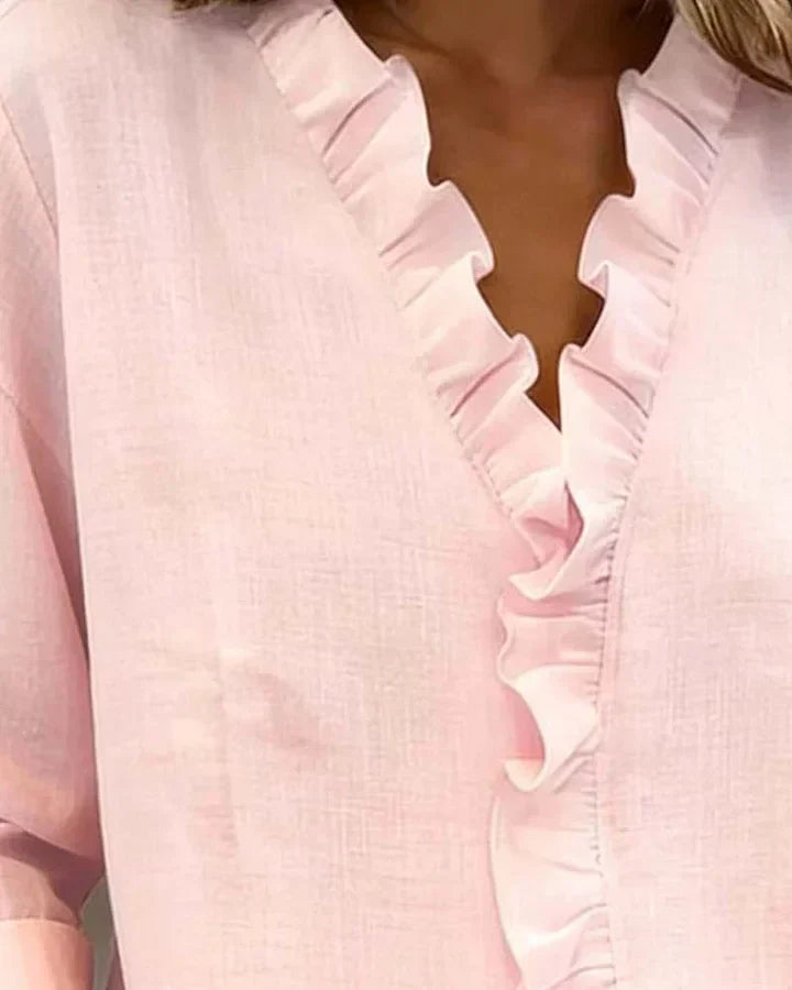 Blouse femme à manches longues, col en V et volants