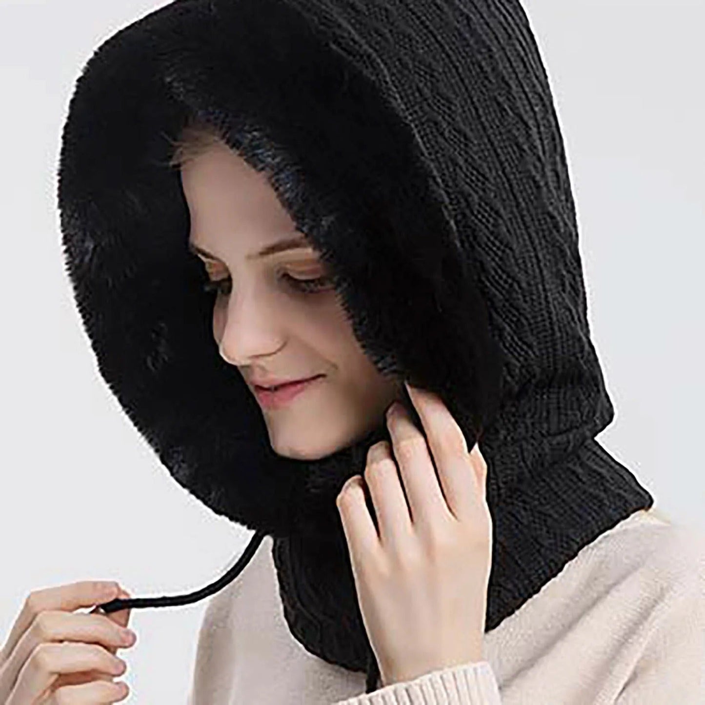 Bonnet tricoté pour femme en fourrure avec couvre-visage