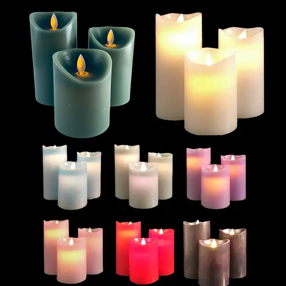 Bougies LED bloc - 3 pcs - 12/15/17 cm - avec flamme 3D - coloris assortis
