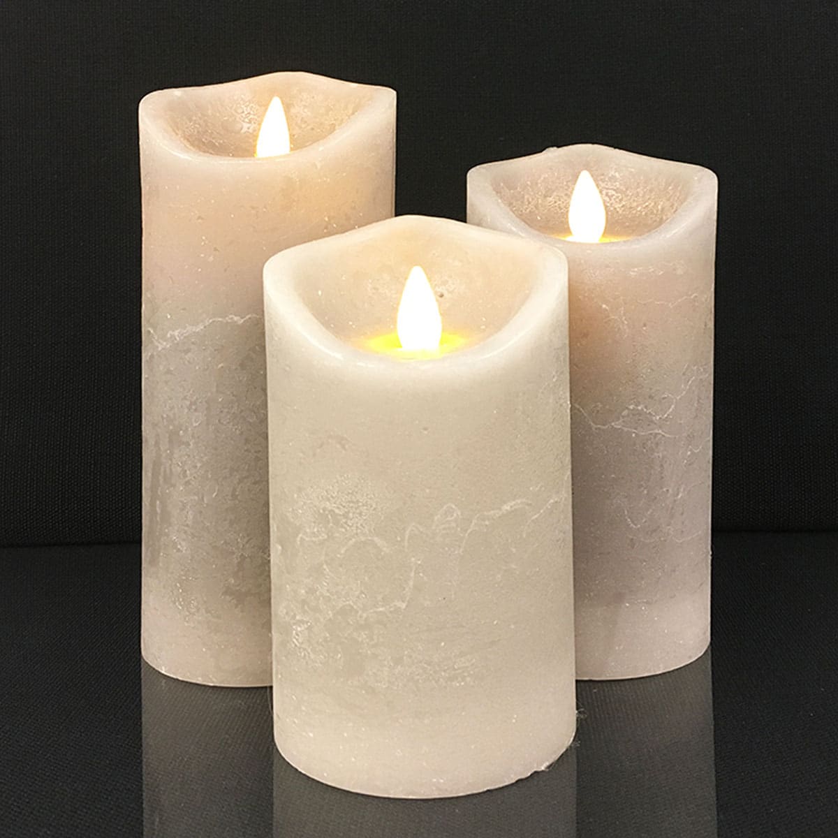 Bougies LED bloc rustique - 3 pièces - 10/12,5/15 cm - flamme 3D - coloris assortis