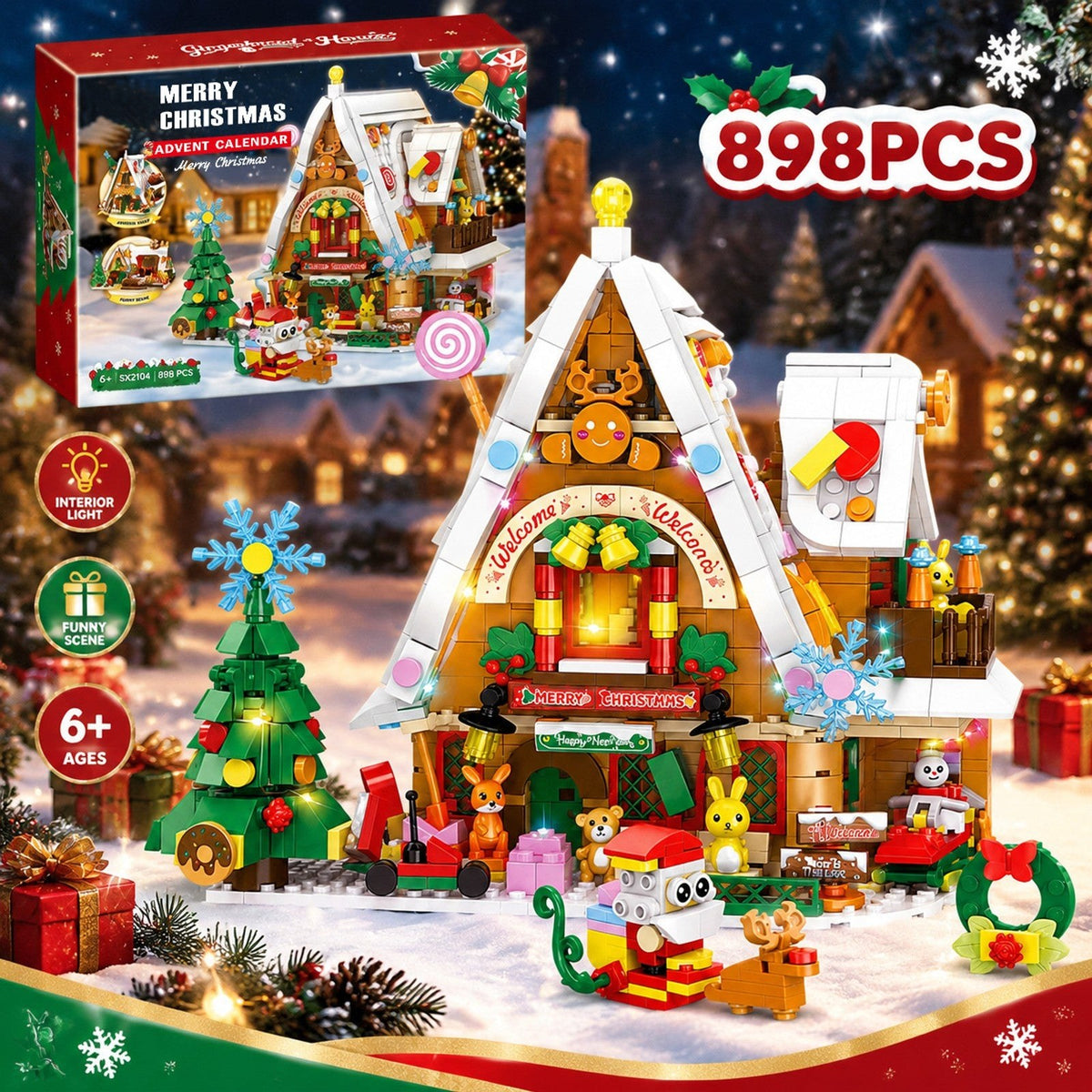 Calendrier de l'Avent Maison de Noël Enneigée, 898 Pièces avec Lumière Intérieure