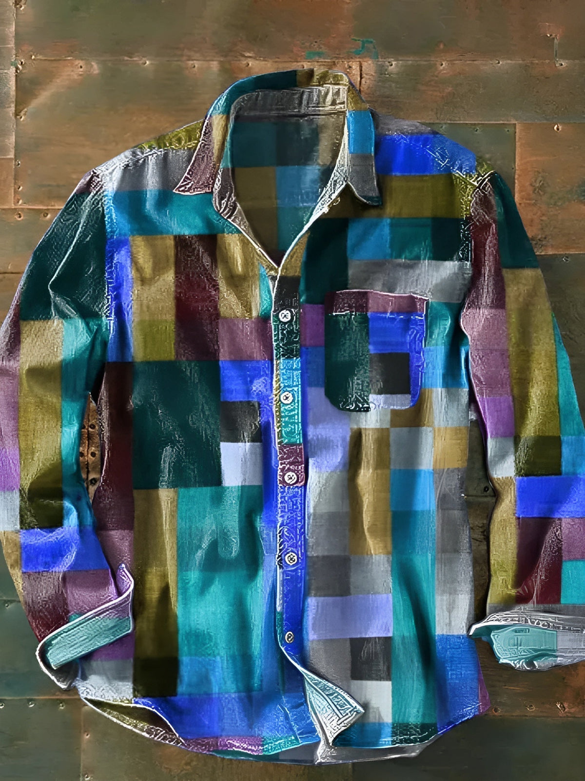 Chemise à manches longues pour homme avec motif patchwork et poche poitrine