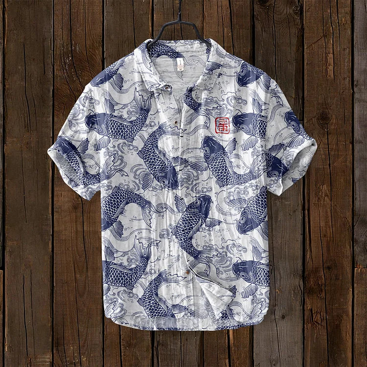 Chemise vintage à motif poissons d'art japonais