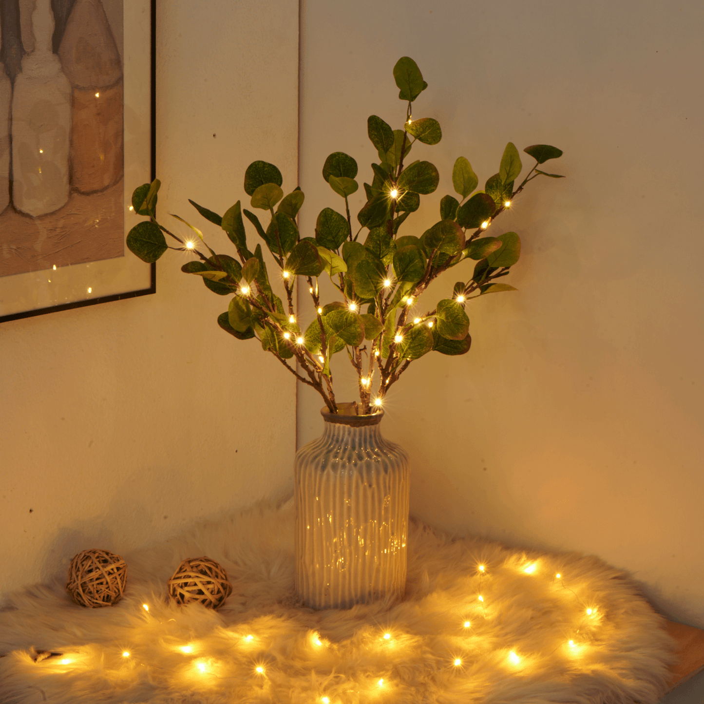 Éclairage LED branche d'olivier 70 cm blanc chaud à piles