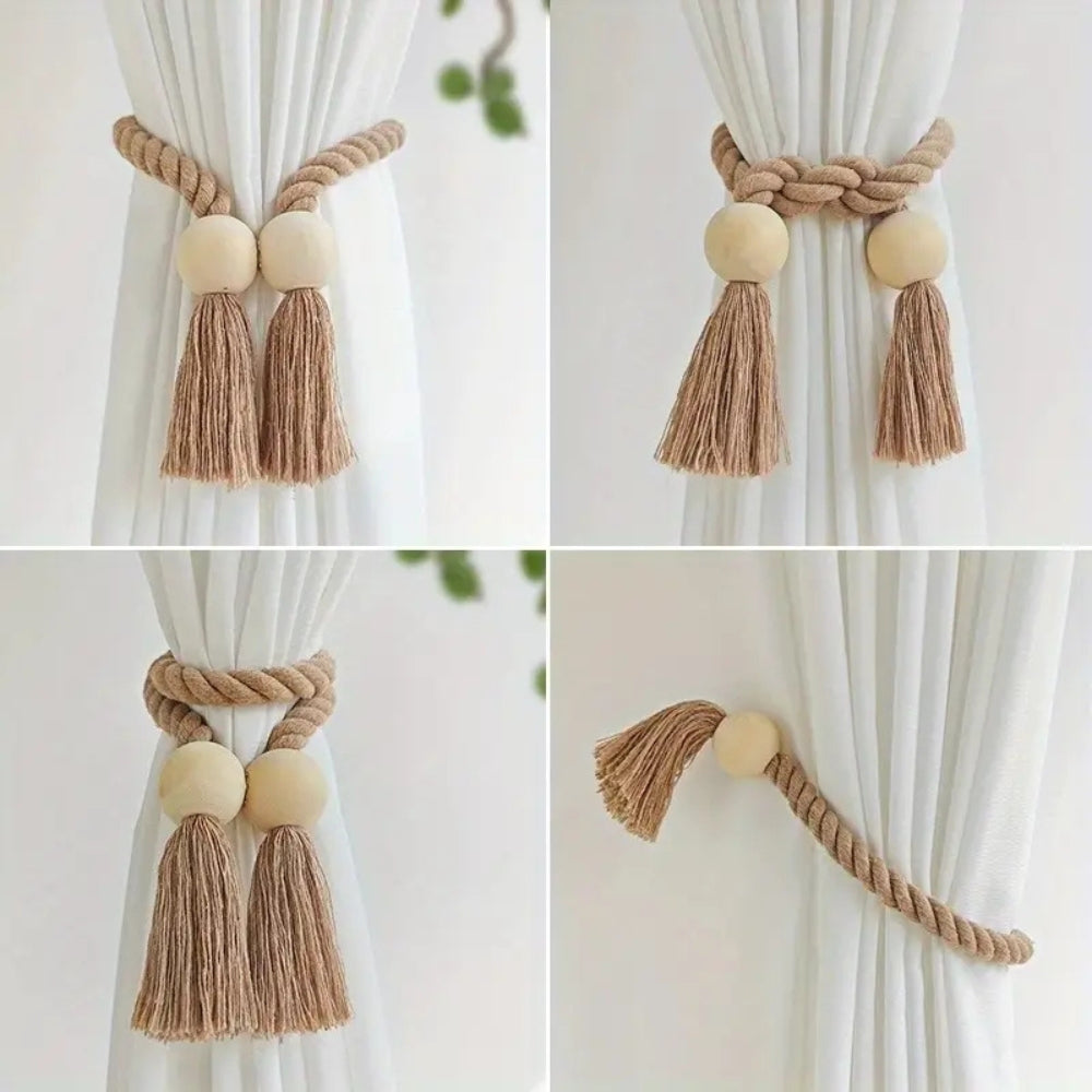 Embrasses à rideaux avec perles en bois et pompons | Lot de 2