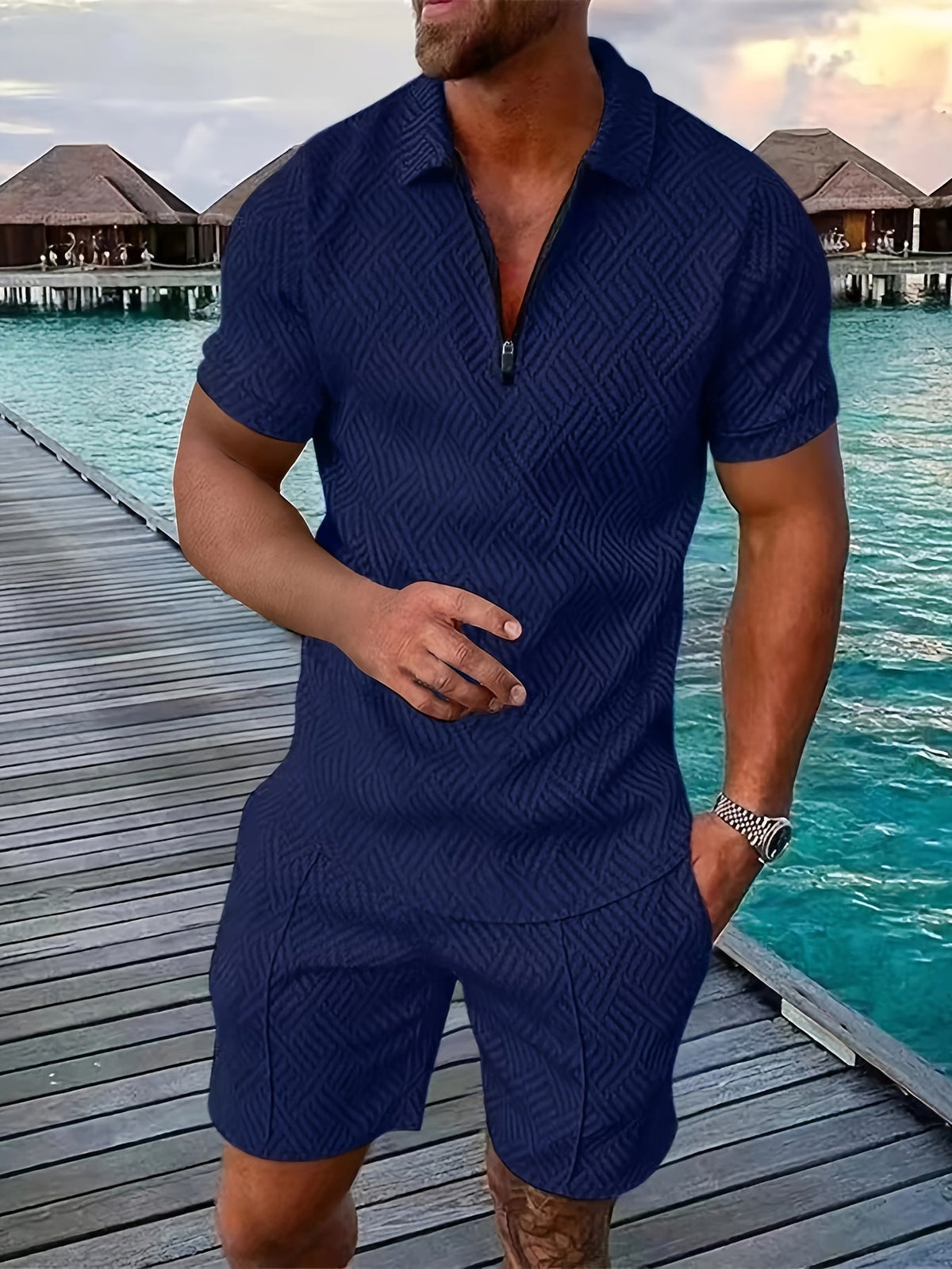 Ensemble polo structuré à fermeture éclair courte et short pour homme