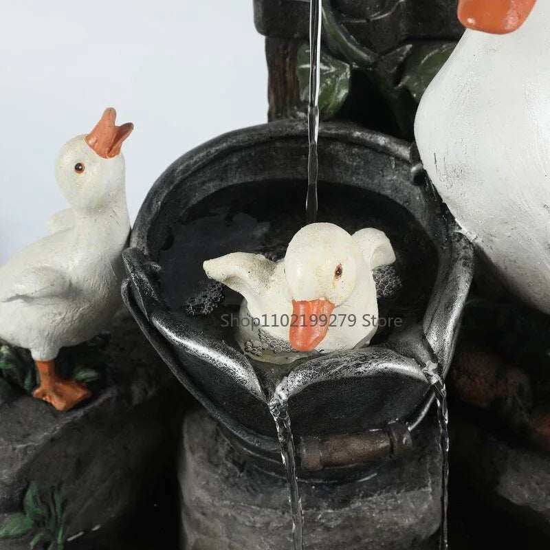 Fontaine solaire décorative canard et écureuil | Statuette de jardin avec éclairage LED | Résine synthétique résistante aux intempéries | Pour terrasse et balcon