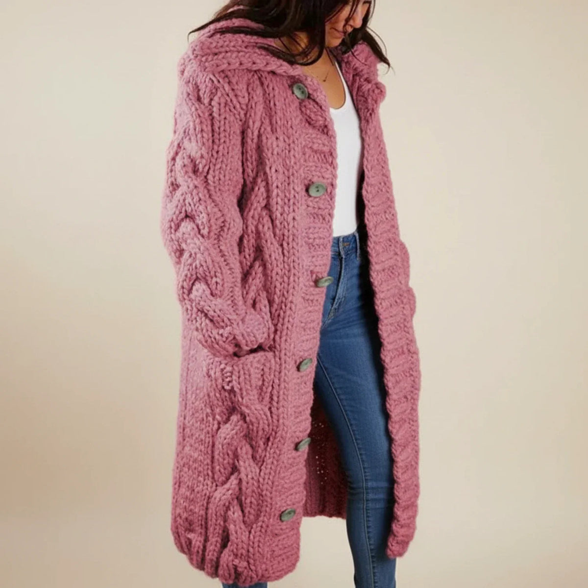 Gilet cardigan long d'hiver à capuche pour femme