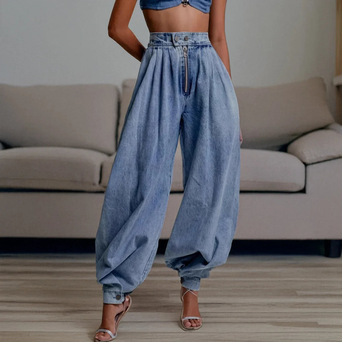 Jean baggy taille haute pour femme, coupe tonneau lanterne