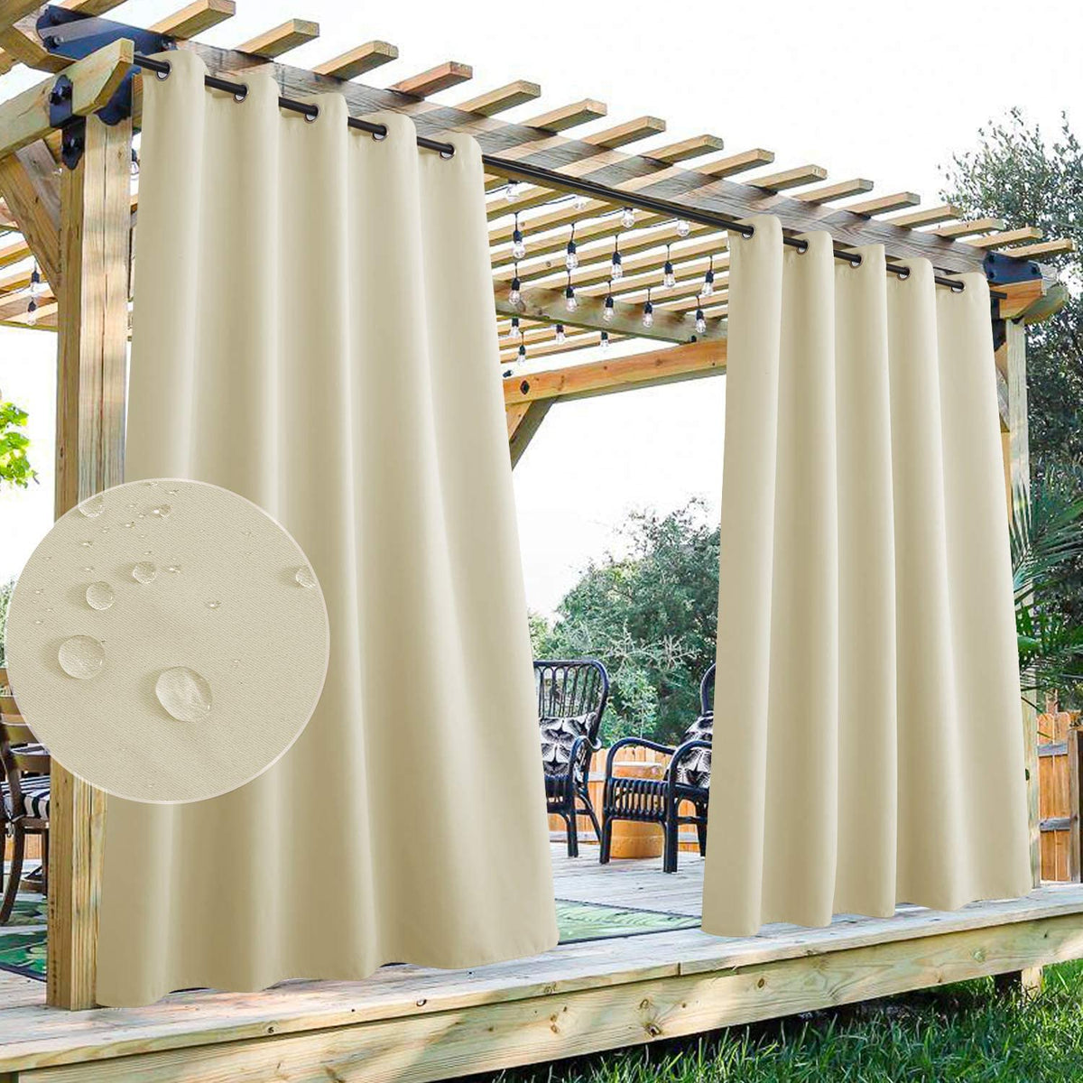 Lot de 2 rideaux d'extérieur imperméables pour terrasse avec œillets, coupe-vent et brise-vue