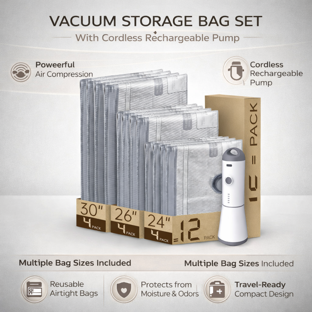 Lot de sacs de rangement sous vide de voyage avec pompe sans fil