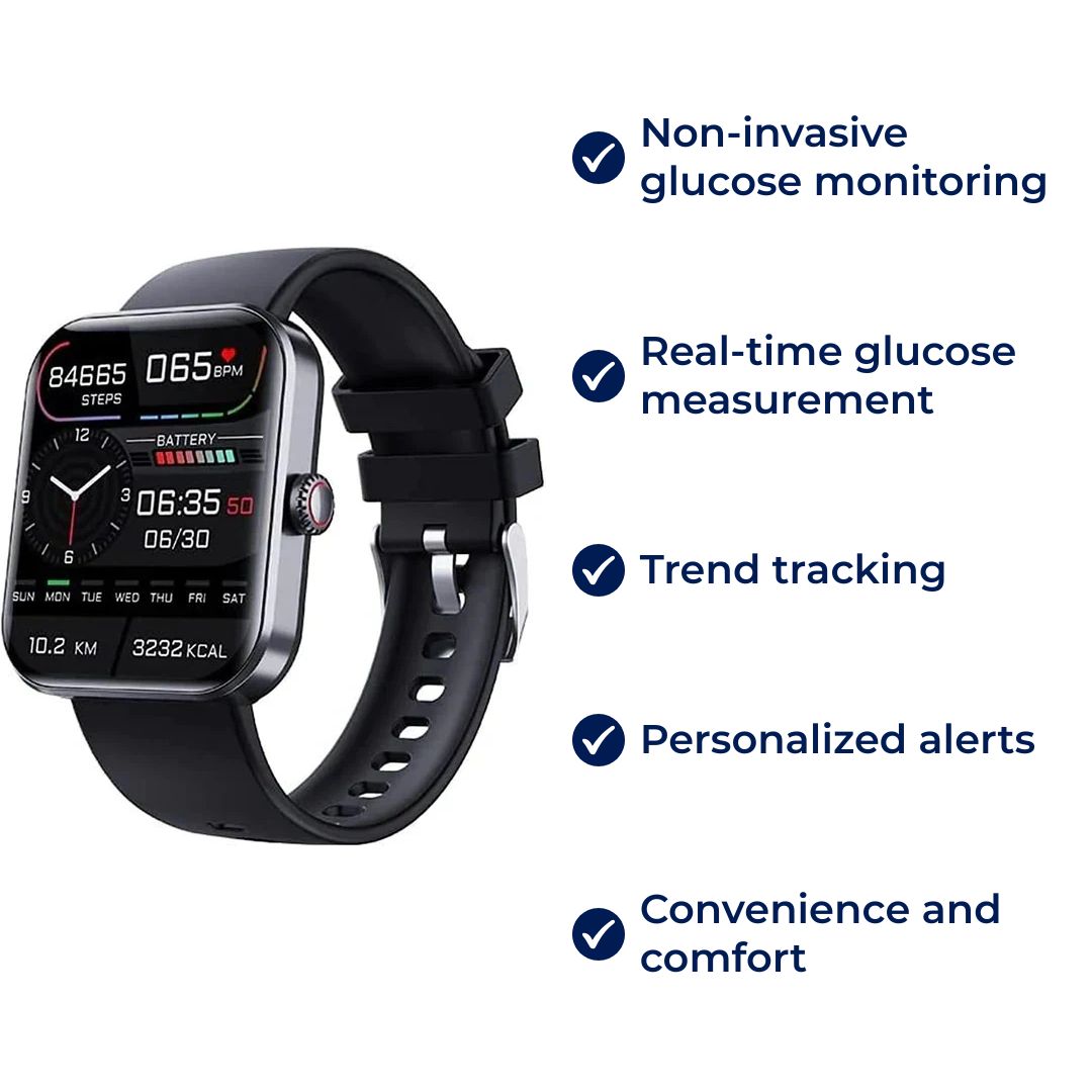 Montre connectée de mesure de la glycémie non invasive – suivi en temps réel, enregistrement des tendances et alertes personnalisées