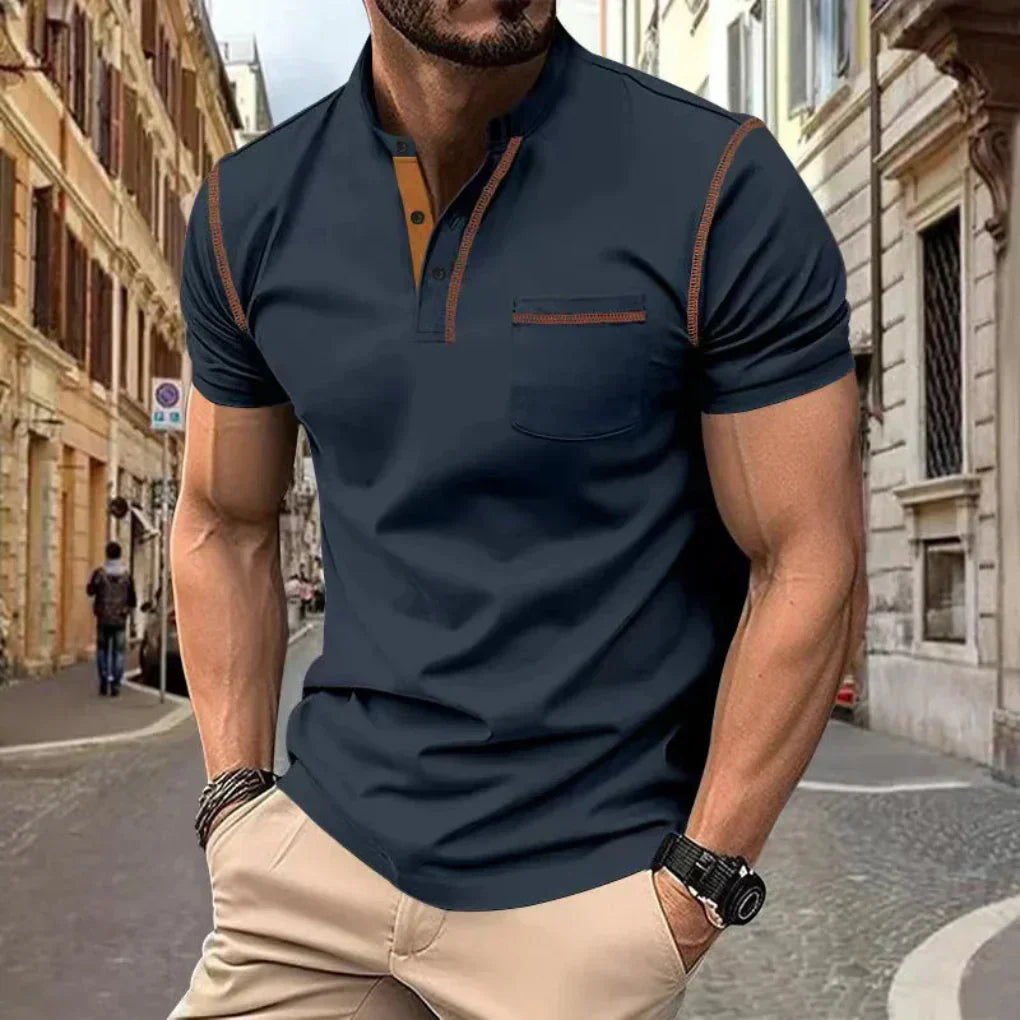 Olvoria | Men's Short Sleeve Henley Shirt with Contrast Stitching