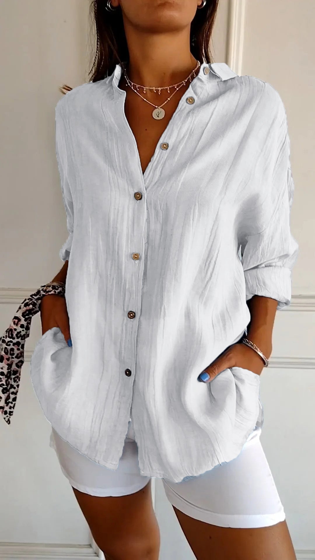 Olvoria | Women's Loose Button-Down Shirt - Crinkled Texture