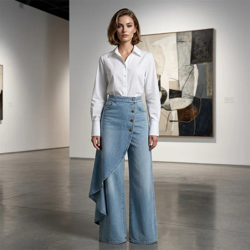 Pantalon en jean large et ample portefeuille asymétrique pour femme à fermeture boutonnée