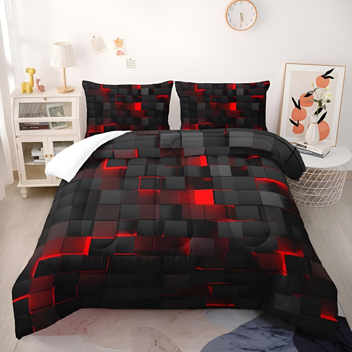 Parure de lit motif carreaux rouge et noir