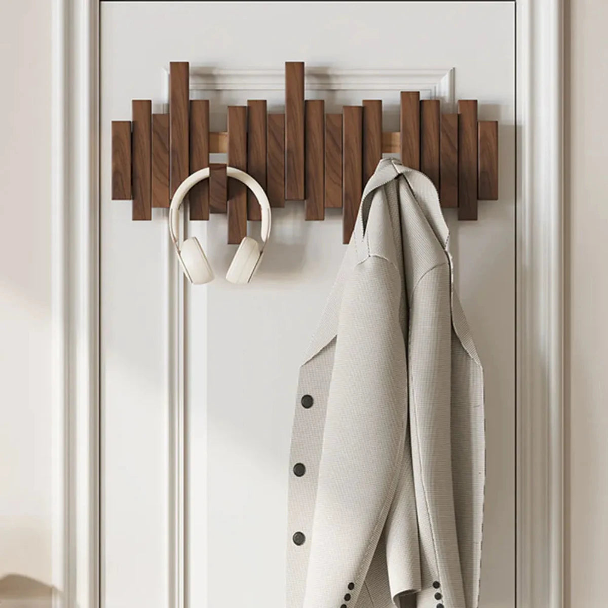 Patère murale style piano - noyer/hêtre - design élégant