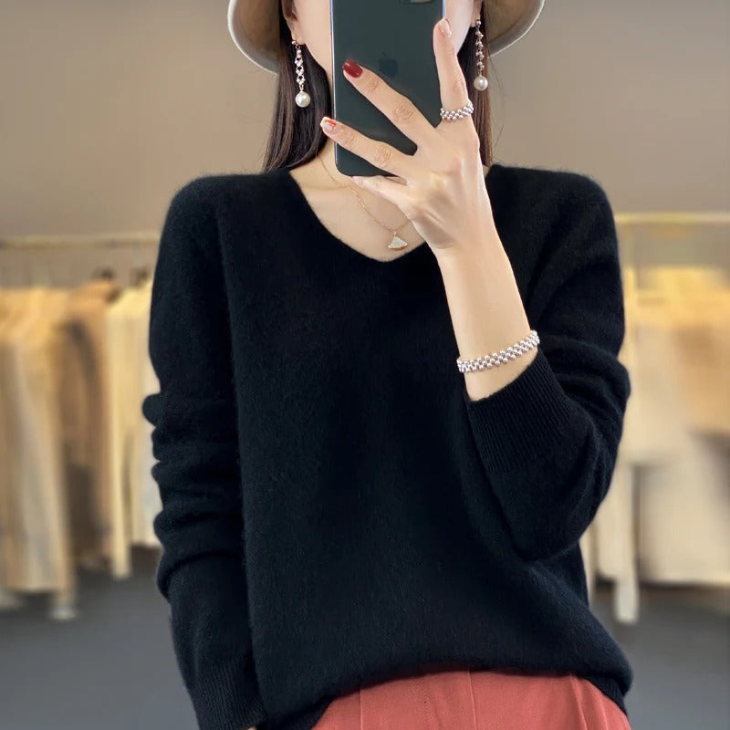 Pull en laine à col en V pour femme