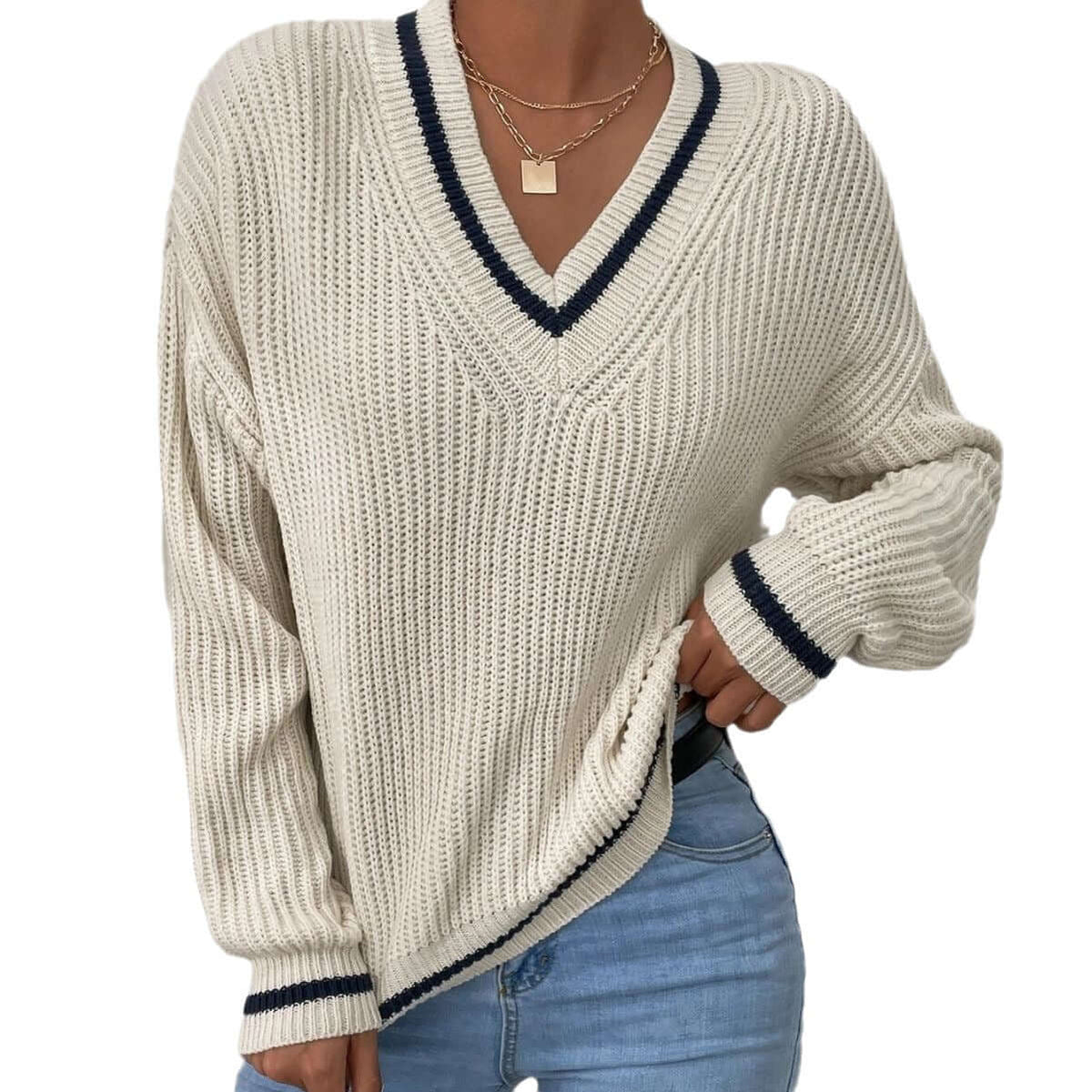 Pull rayé à col en V coupe ample pour femme