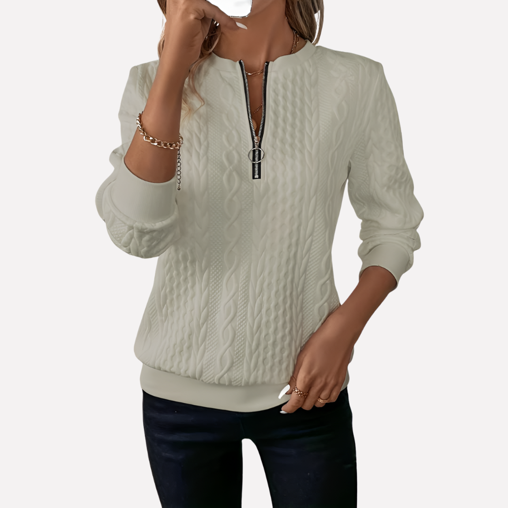 Pull tricoté à motif torsadé et col zippé pour femme