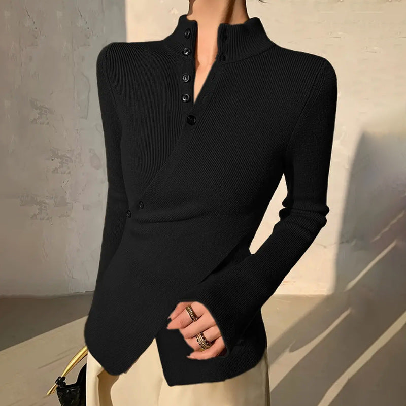 Pull tricoté croisé à demi-col montant pour femme