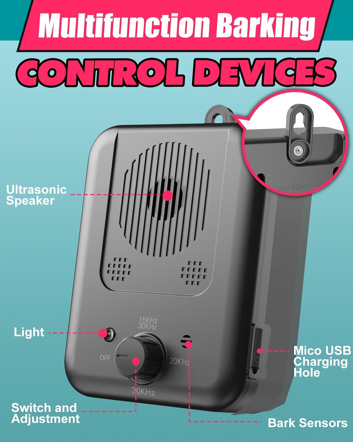 Répulsif à ultrasons rechargeable anti-aboiement pour chiens portée 15 mètres