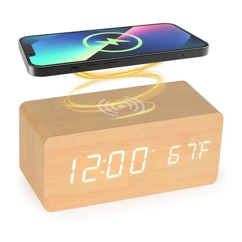 Réveil numérique en bois avec charge sans fil