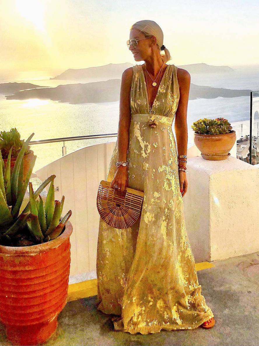 Robe longue bronze à sequins brillants, col V, sans manches, élégante pour soirée et plage