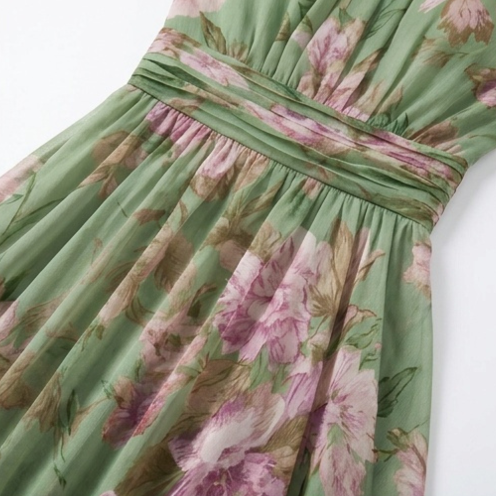 Robe maxi aérée d'été à motif floral vert sauge