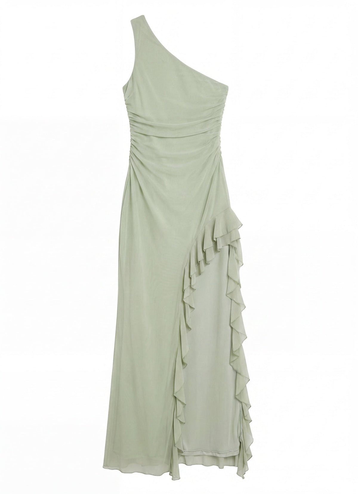 Robe maxi asymétrique une épaule vert sauge avec volants