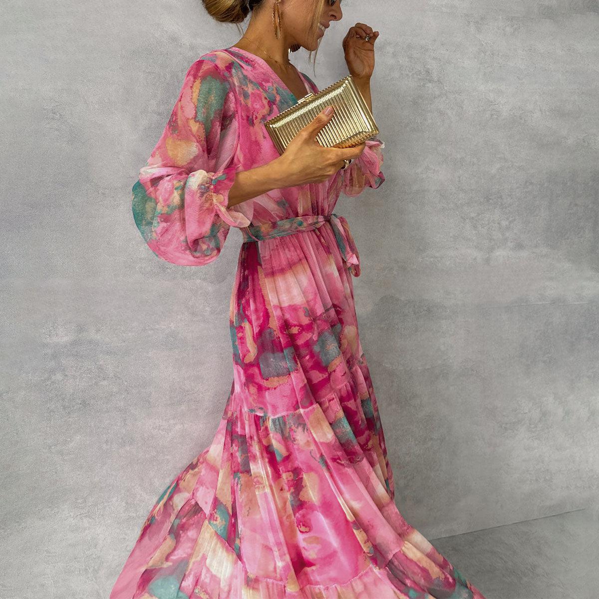 Robe maxi longue élégante portefeuille à manches longues pour fête