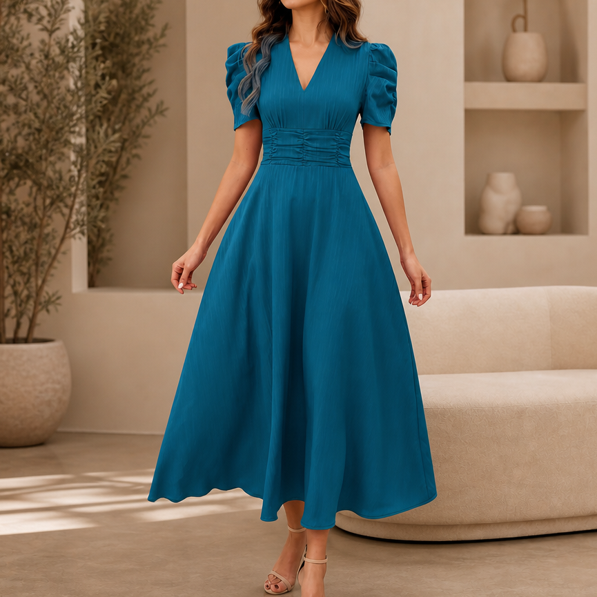 Robe mi-longue à col en V, taille froncée et manches bouffantes