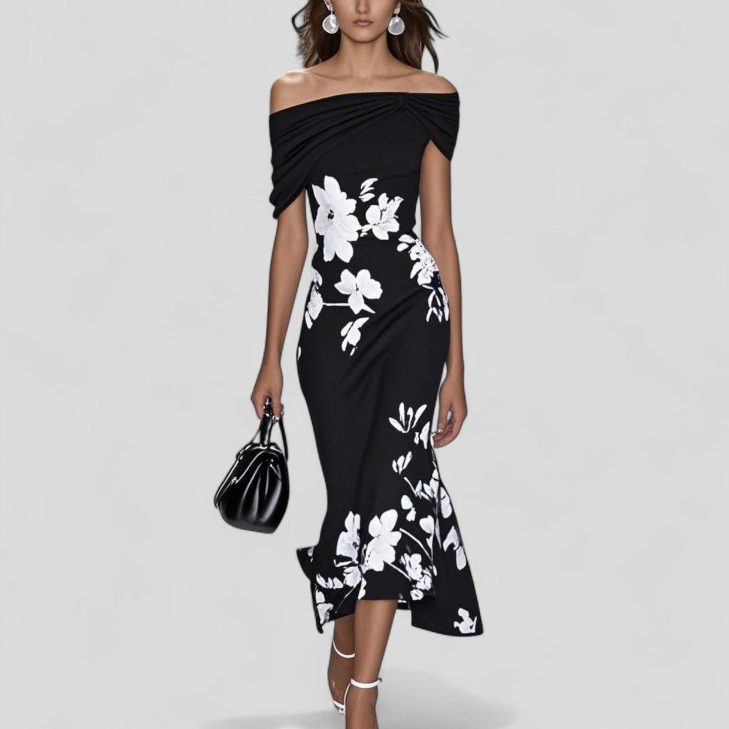 Robe midi à épaules dénudées et motif floral pour femme