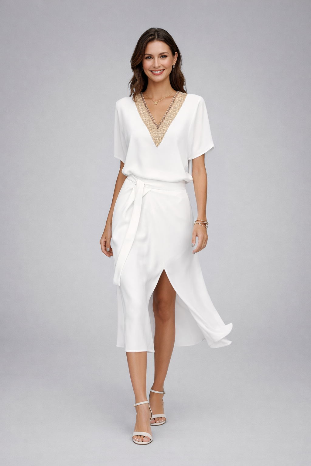 Robe midi pour femme avec col en V, design blanc élégant et coupe moderne