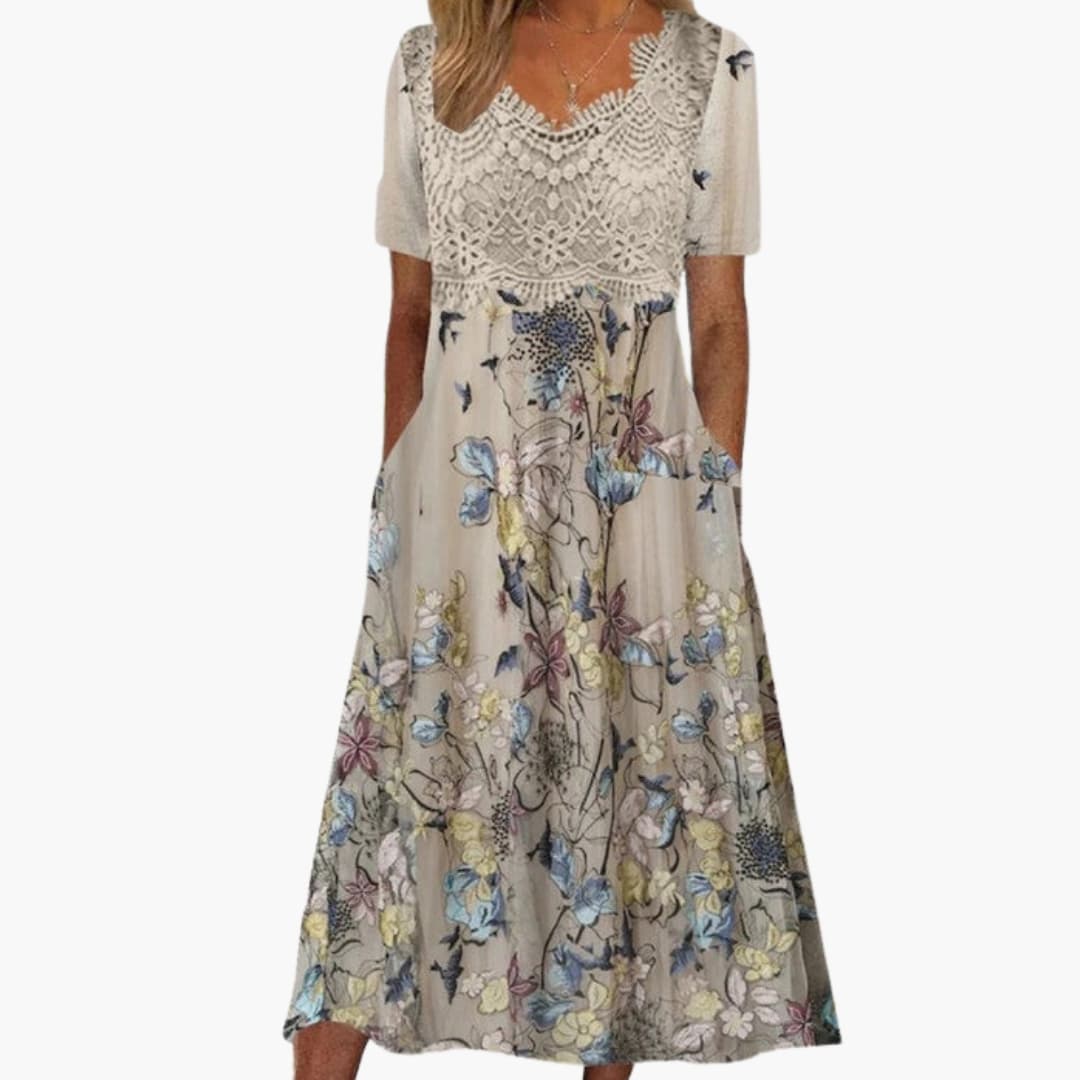 Robe midi pour femme avec col en V et détails en dentelle