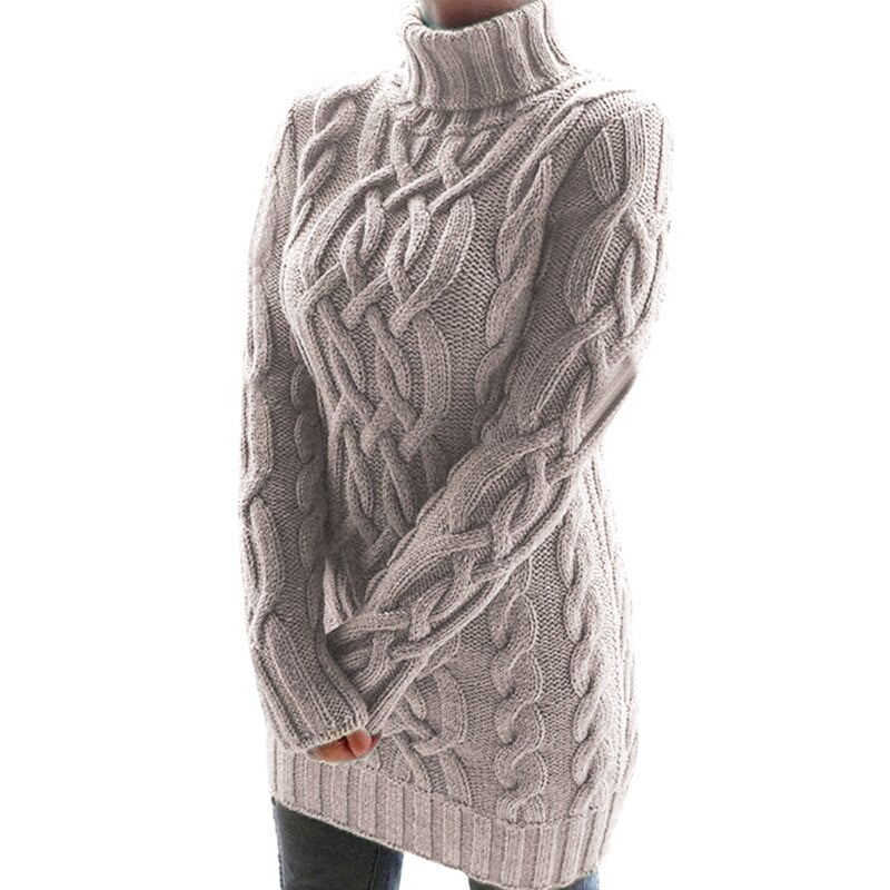 Robe pull tricotée à col roulé et torsades pour femme