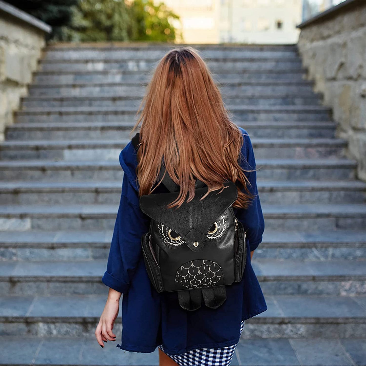 Sac à dos femme en simili-cuir avec motif chouette et plusieurs poches