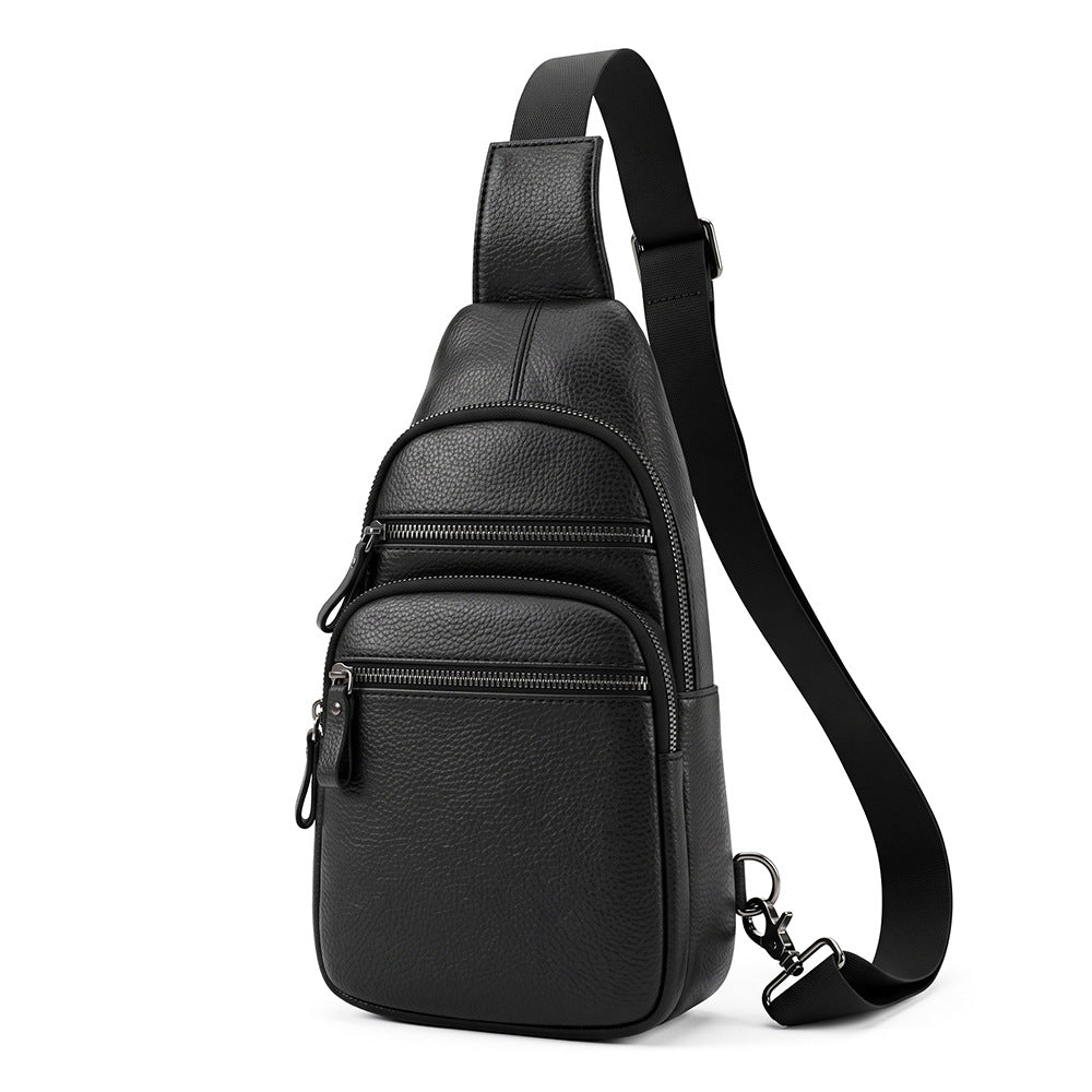 Sac bandoulière en cuir avec multiples poches zippées et sangle réglable