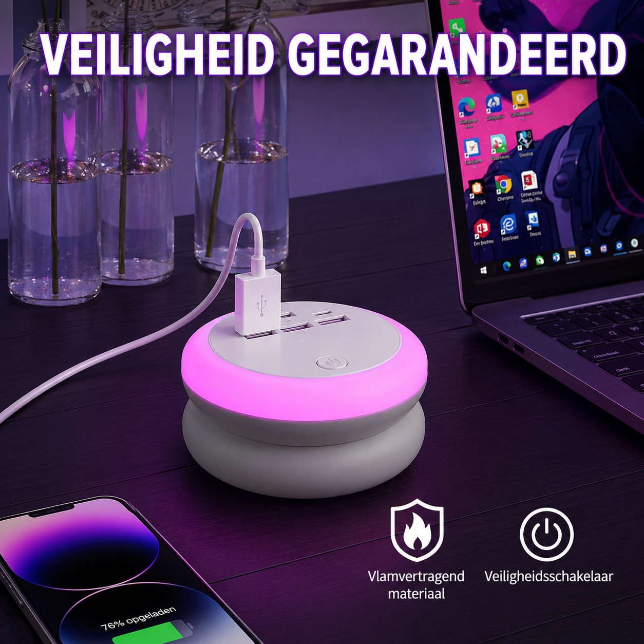 Station de charge USB 7-en-1 avec câble rétractable et éclairage d'ambiance 8 couleurs