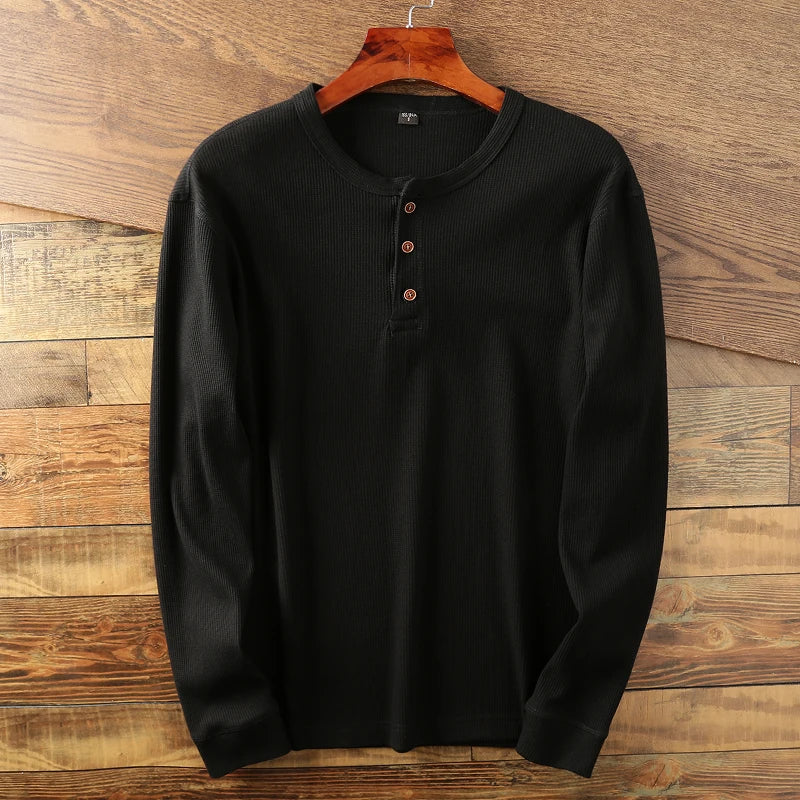 T-shirt henley à manches longues côtelé pour homme