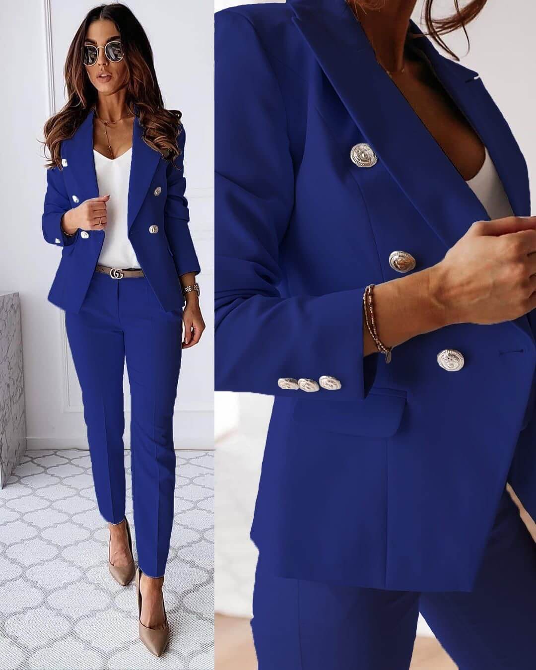 Tailleur pantalon 2 pièces à double boutonnage pour femme