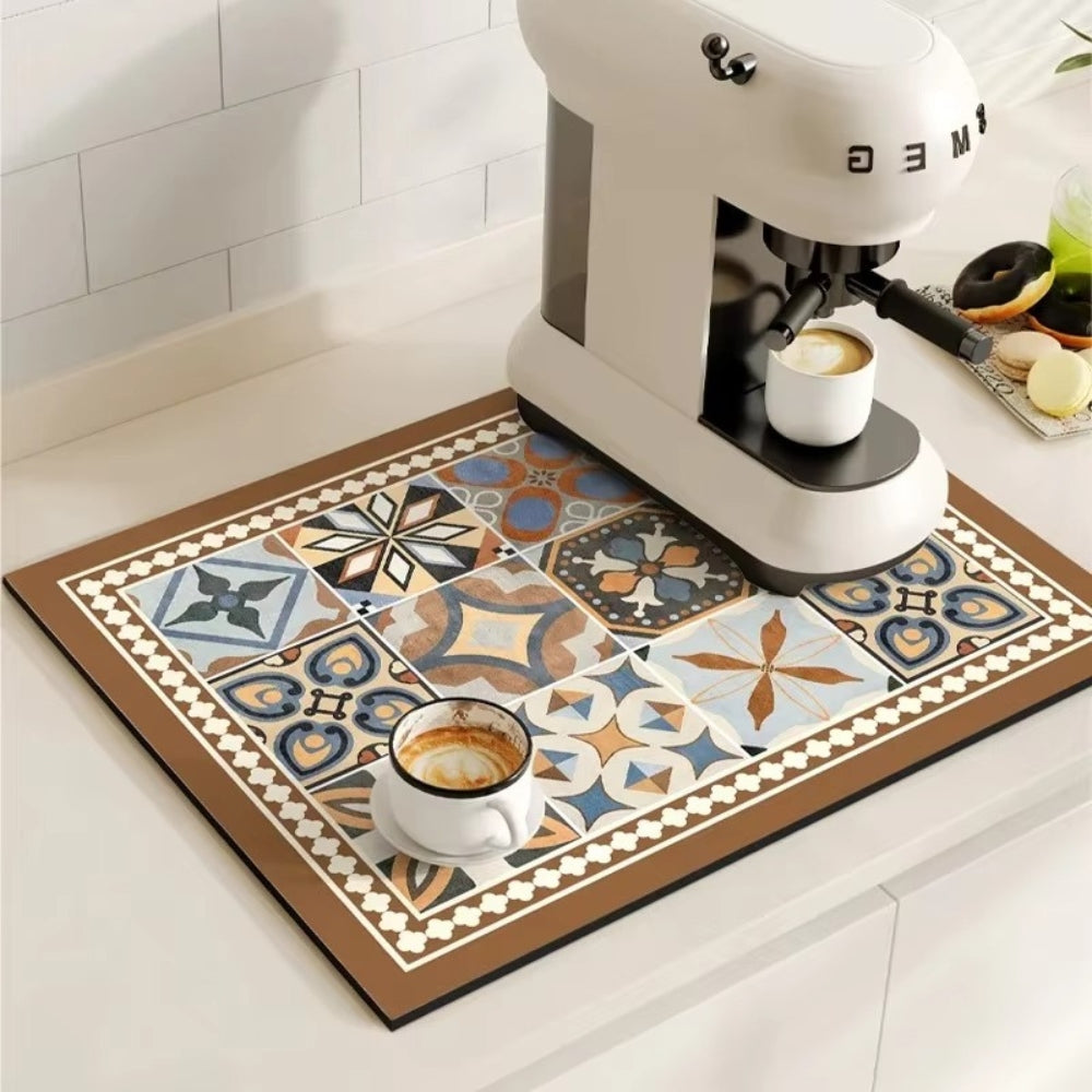 Tapis pour cafetière avec motif carrelage rétro – protection absorbante pour plan de travail