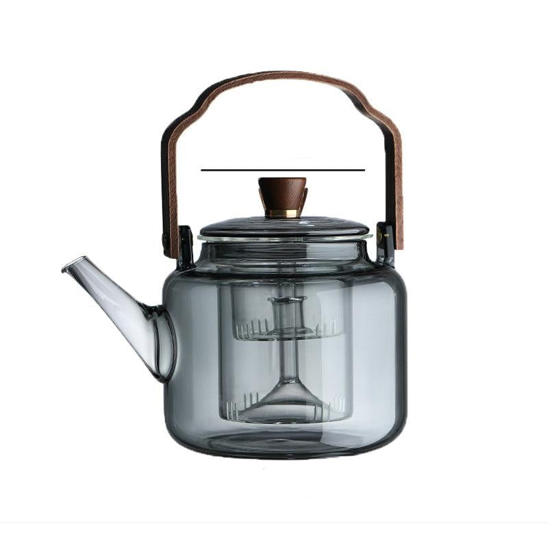 Théière en verre avec couvercle en bois et filtre – 1,2 l, verre fumé et bois pour un service à thé élégant