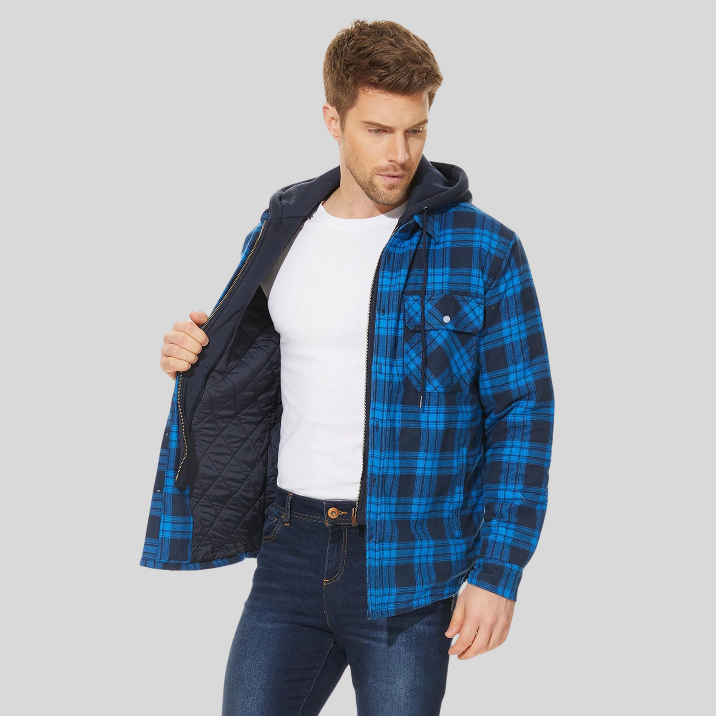 Veste à carreaux avec capuche pour homme