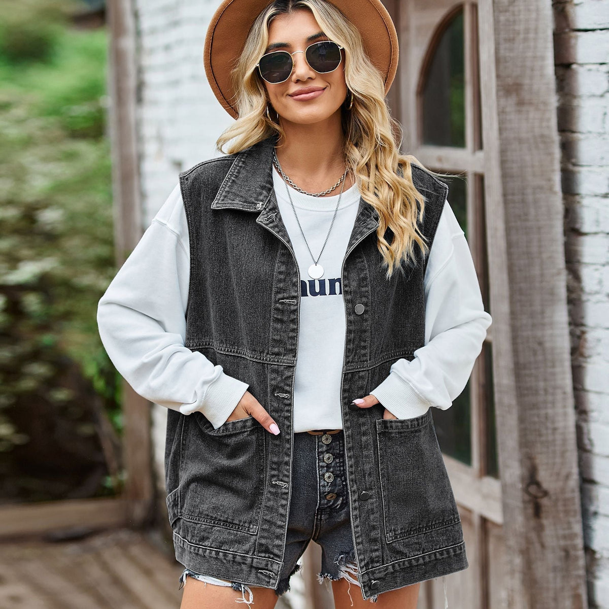 Veste en jean sans manches avec poches pour femme