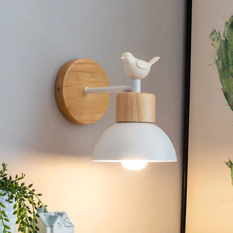 Applique murale en bois avec oiseau style scandinave | Lampe LED de chevet
