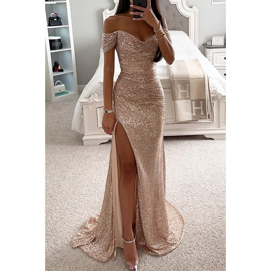 Autumn Evening Dress for Women - Long, Sequined, Off-the-Shoulder Dress with Slit for Weddings and Parties