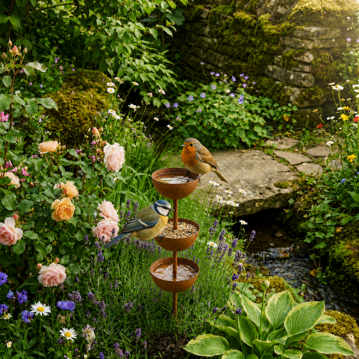 Bain d'oiseaux rustique en cuivre sur pic de jardin