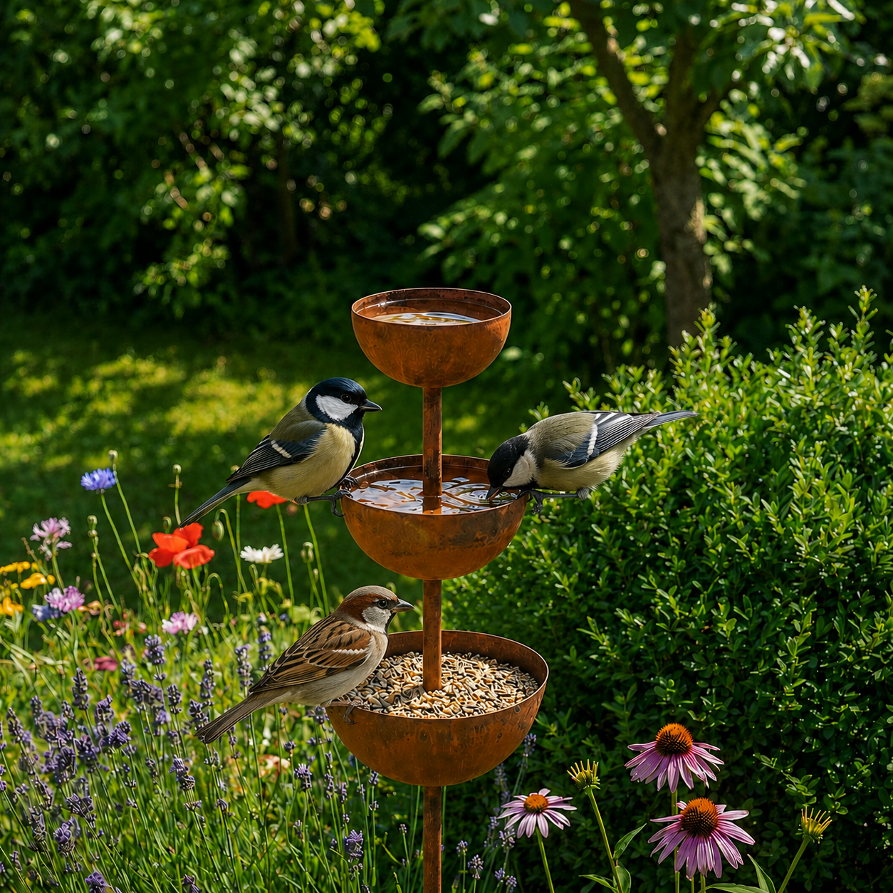 Bain d'oiseaux rustique en cuivre sur pic de jardin